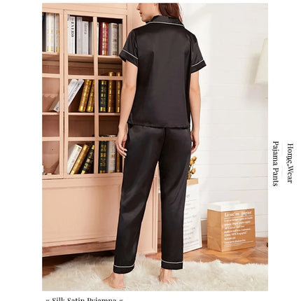 Women's Pajama Pocket Heart Embroidered Pajama Set Satin Comfortable Short Sleeve Button Pajama Lounge Pant For Women Sleepwear