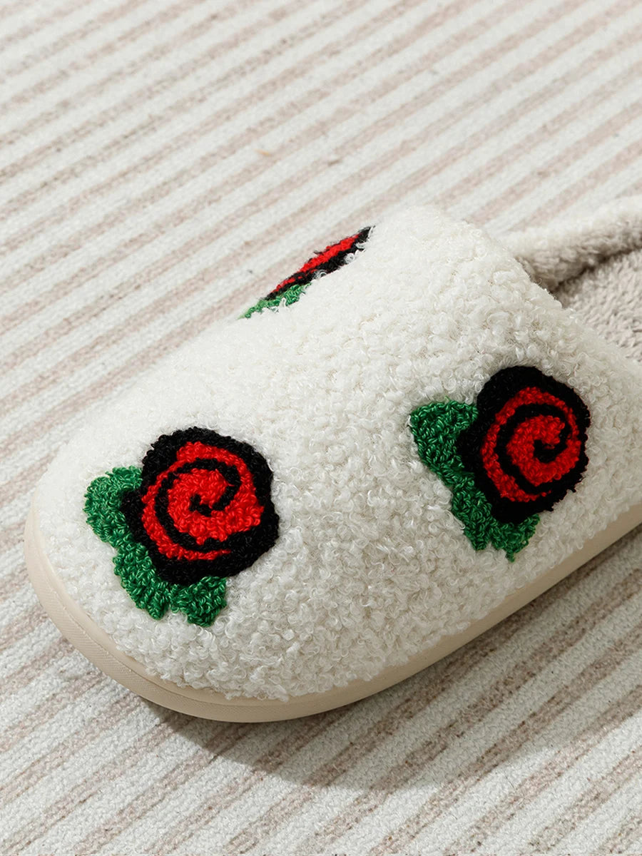 Women's Slippers Valentine's Day Rose Embroidery Fuzzy Romantic Love Comfy Flat Girl Valentine Gift Winter Home Shoes