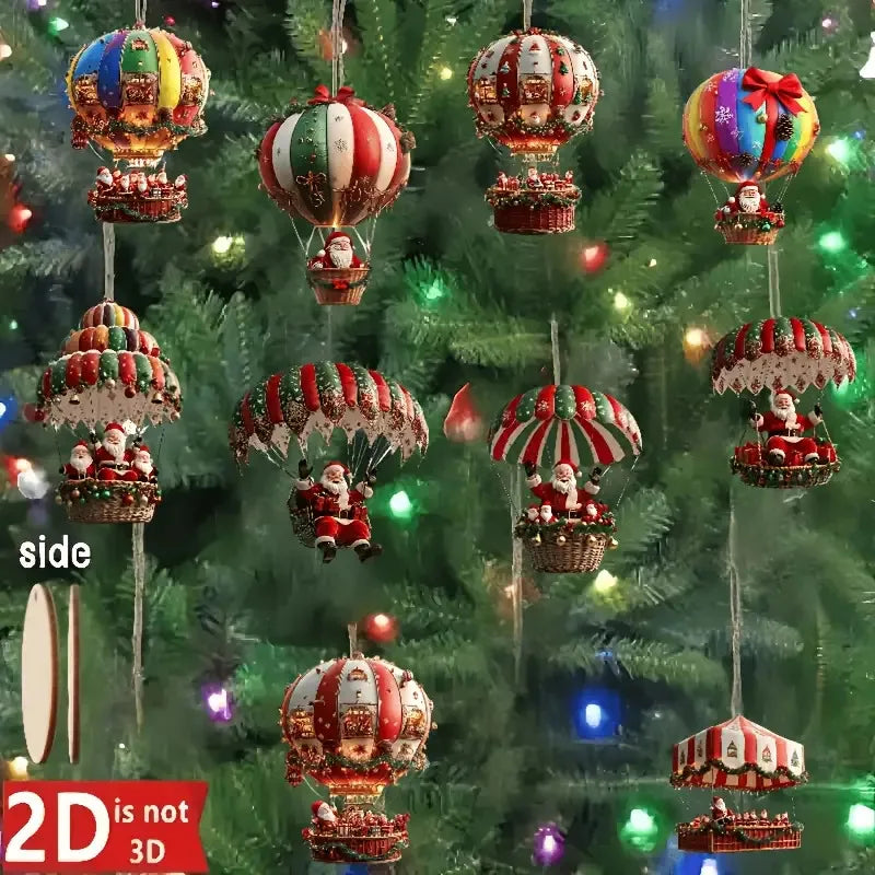 A Set of 10Pcs Santa Claus Parachute Series Handmade Wooden Hanging Ornaments - Perfect Holiday Gift Decoration for Home and Garden