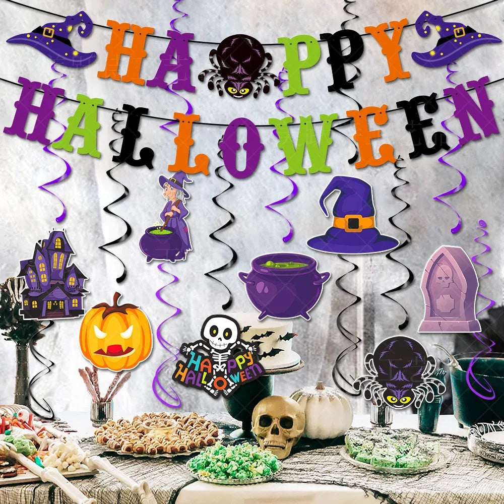 Halloween Hanging Banner Garland Bunting Pumkin Ghost Bat Paper Banner Door Hanging Ornaments Halloween Xmas Party Decoration