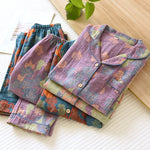 Japanese Spring and Autumn New Women's Pajama Set 100% Cotton Vintage Long Sleeved Pants Two Piece Set for Home Furnishings