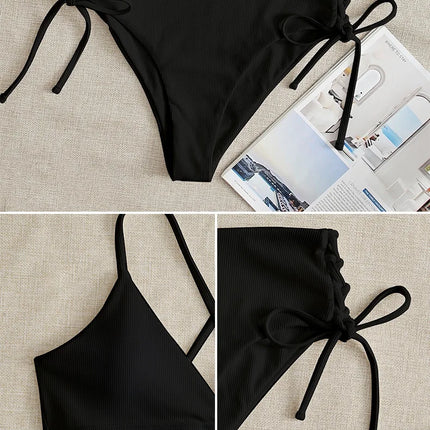 Cikini-V-Neck Split Bikini Set for Women, Sexy Swimsuit, Lace Up, Triangular Bikinis, Solid Color, Beach Swimwear, Bathing Suit