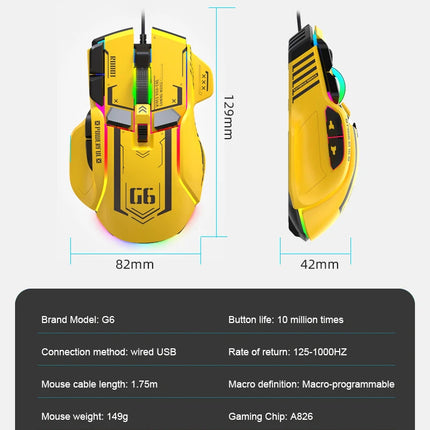 G6 Gaming Mouse Wired 128000DPI ChipA826 RGB Macro-programmable Ergonomic design superior for Gaming and Work