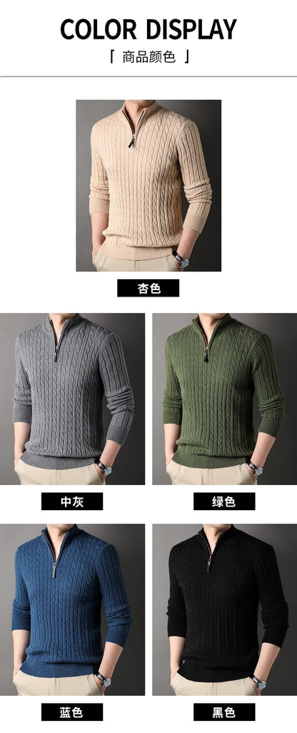 2023 Winter Men's Quarter Zip Sweater Slim Fit Casual Knitted Turtleneck Pullover Mock Neck Polo Sweater