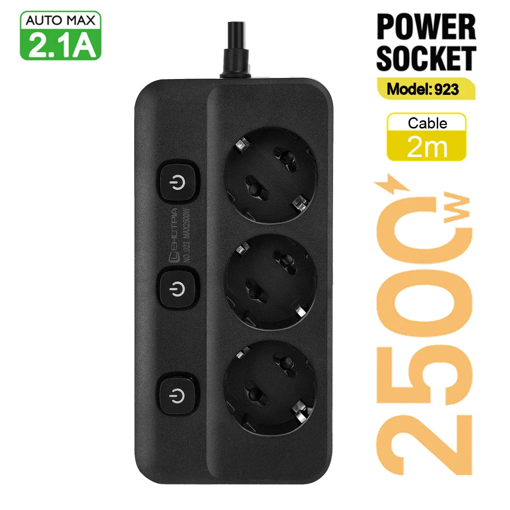 Power Strip EU Plug AC Outlets Multitap Socket Extension Cord Electrical Independent control switch Network Filter Adapter