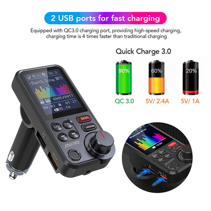 1.8 Inch Wireless Car Bluetooth FM Transmitter Aux Supports QC3.0 Charging Treble and Bass Sound Music Player