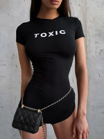 Nibber Peach Hip Letter Print Fashion Romper Women Body-Shaping Skinny o-Neck Mini Sleeve Tight Casual Simple Workout Playsuits