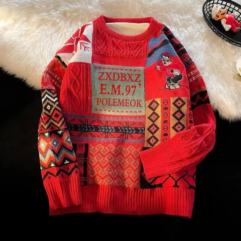 Christmas Sweater Men's Winter Loose-fit Casual Style Knitted Top Jacket American Vintage Fleece-lined Thickened Line Clothes