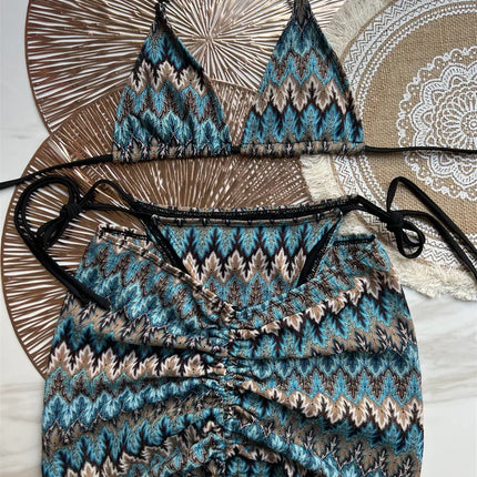 Women Swimsuit Colored Maple Leaves Knitted Bikini Skirt Three-Piece Set Split Swimsuit Bikini