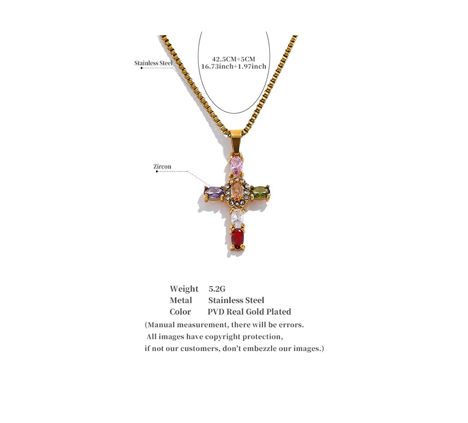 Yhpup Delicate Colorful Bling Cubic Zirconia Cross Pendant Stainless Steel Luxury Necklace High-Grade Fashion Shiny Jewelry Gift