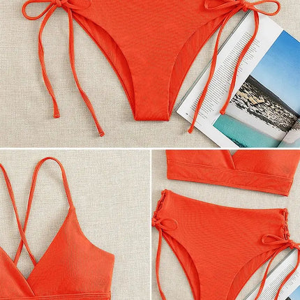 Cikini-V-Neck Split Bikini Set for Women, Sexy Swimsuit, Lace Up, Triangular Bikinis, Solid Color, Beach Swimwear, Bathing Suit