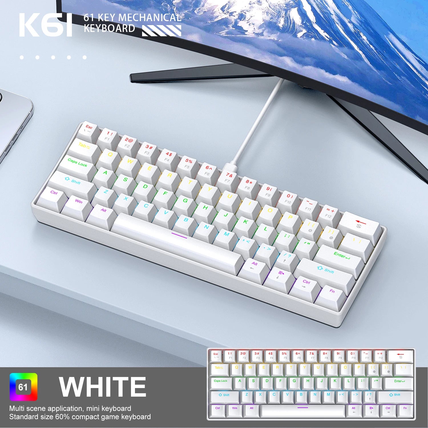 Mini Keyboard APAYADO K61 Mechanical Keyboard Wired,60% Portable 61 Keys RGB Black,White, Red/Blue Switch for Gaming