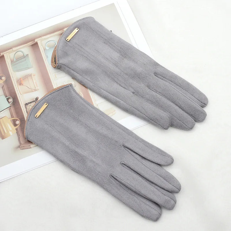 Women Autumn Winter Keep Warm Touch Screen Thin  Solid Simple Gloves Cycling Drive Suede Fabric Elegant Windproof