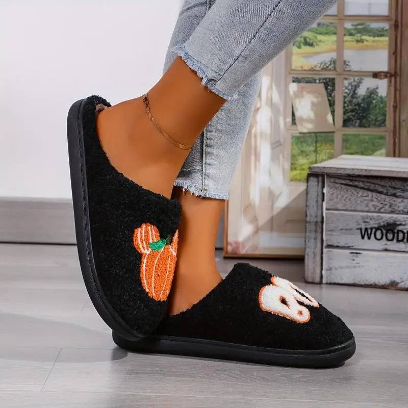 Pumpkin Casual Slippers Women Home Halloween Designer Shoes Funny Autumn Winter Fluffy Indoor Fashion Plush Footwear 2025 Warm