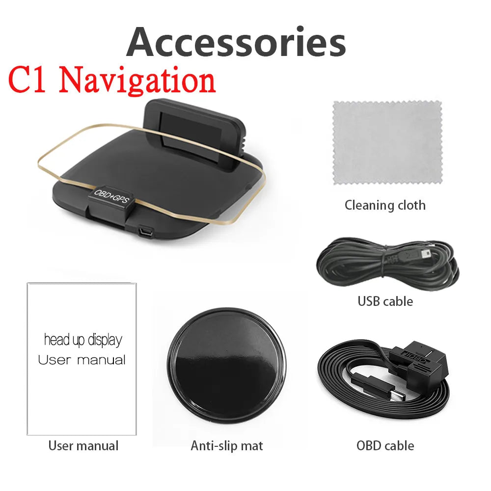 C1 Car Navigation Projection HUD Head-Up Display OBD2+GPS Car Projector Speedometer /Water Temperature /Voltage/RPM Alarm