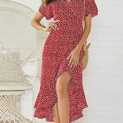 Summer Beach Maxi Dress Women Floral Print Boho Long Chiffon Dress Ruffles Wrap Casual V-Neck Split Sexy Party Dress Robe Femme