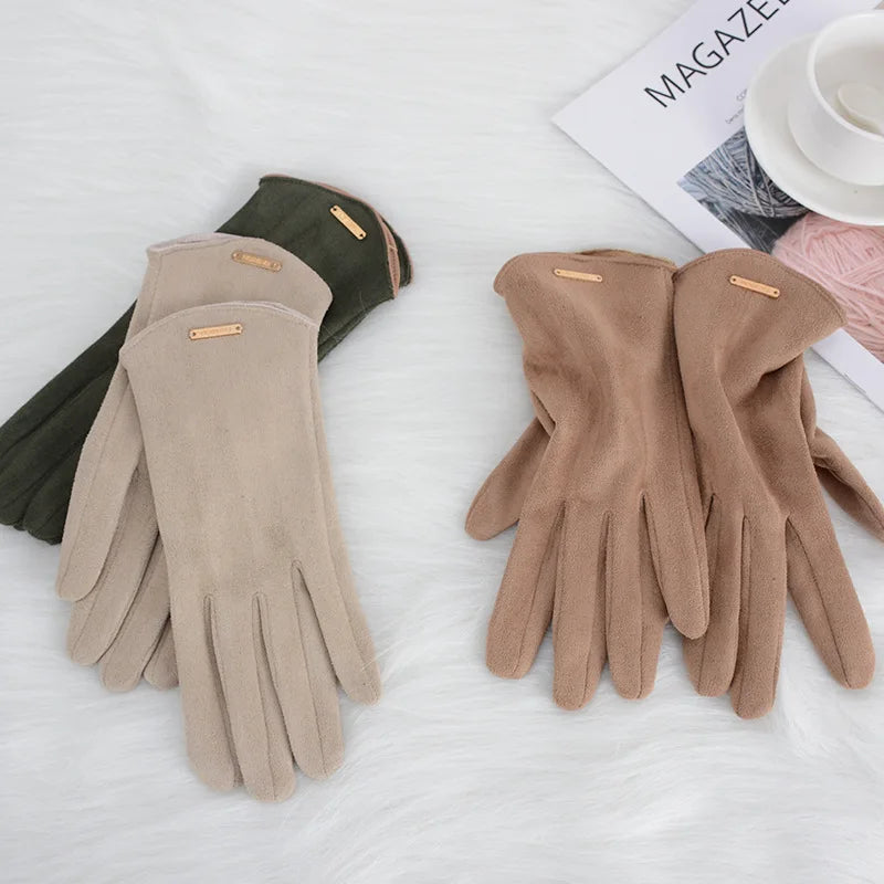 Women Autumn Winter Keep Warm Touch Screen Thin  Solid Simple Gloves Cycling Drive Suede Fabric Elegant Windproof