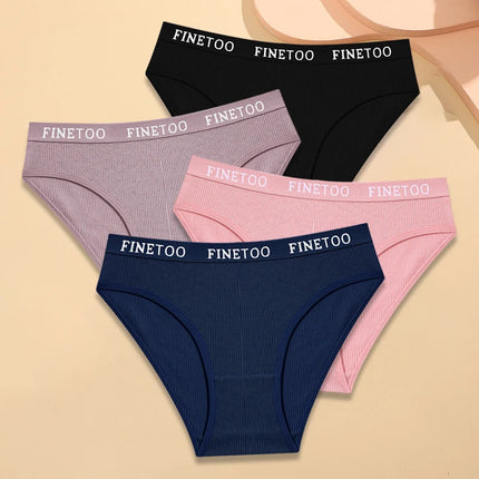 FINETOO 4Pcs Cotton Striped Underwear Women's Panties Letter Belt Briefs Ladies Low Waist Lingerie Solid Breathable Underpants