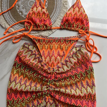 Women Swimsuit Colored Maple Leaves Knitted Bikini Skirt Three-Piece Set Split Swimsuit Bikini