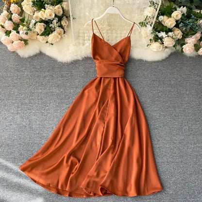 Women Sexy Beach Long Dress Summer V-neck Elegant White Evening Party Dressesladies Backless Bandage Satin Dress Vestidos