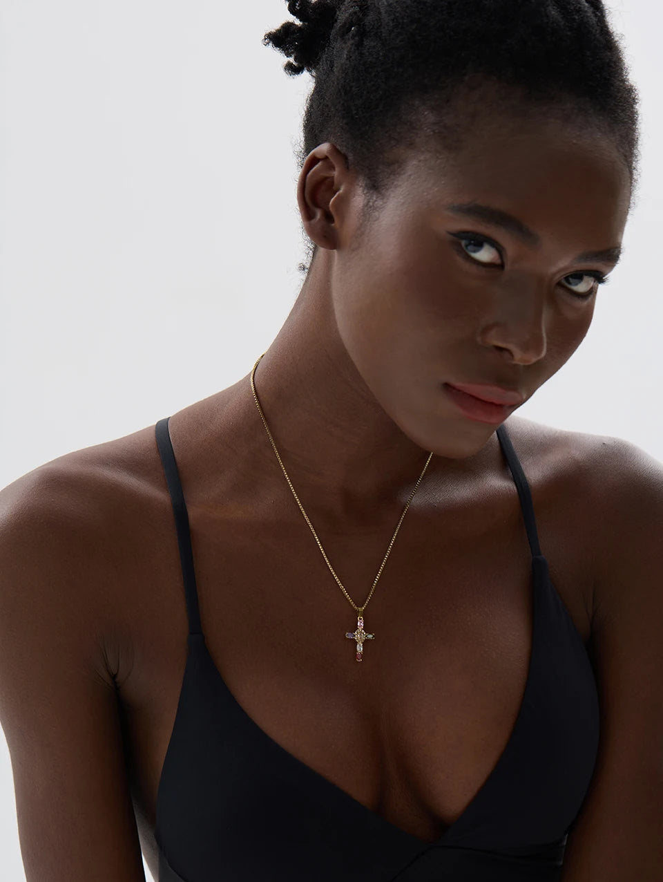 Yhpup Delicate Colorful Bling Cubic Zirconia Cross Pendant Stainless Steel Luxury Necklace High-Grade Fashion Shiny Jewelry Gift