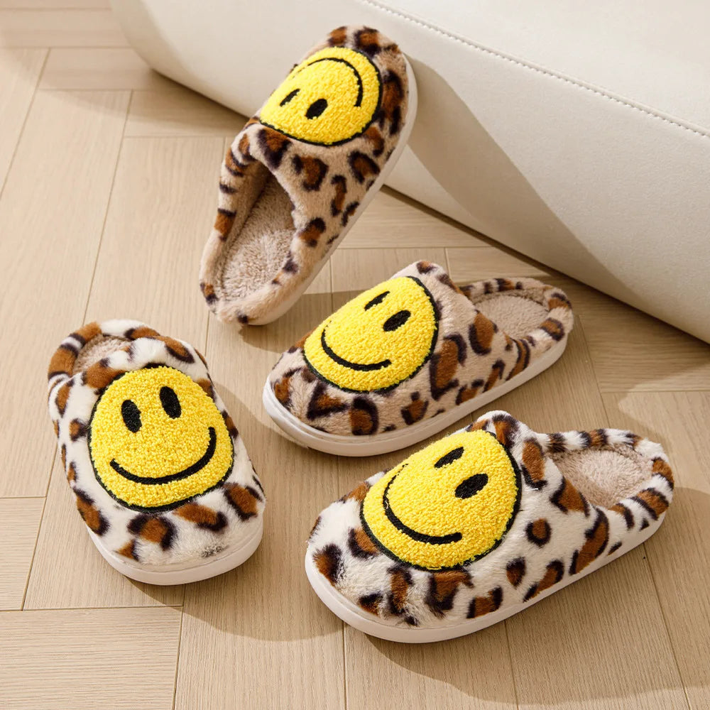 Leopard Fluffy Slippers for Home Smile Designer Platform Shoes Women 2024 Indoor Plush Sliders Warm Flats Chic Winter Footwear