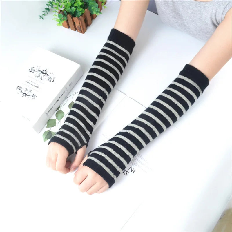 Winter Warm Long Sleeves Gloves for Man Women Fingerless Stripe Hip-Hop Knitted Elbow Mittens Elastic Outdoor Warmer Arm