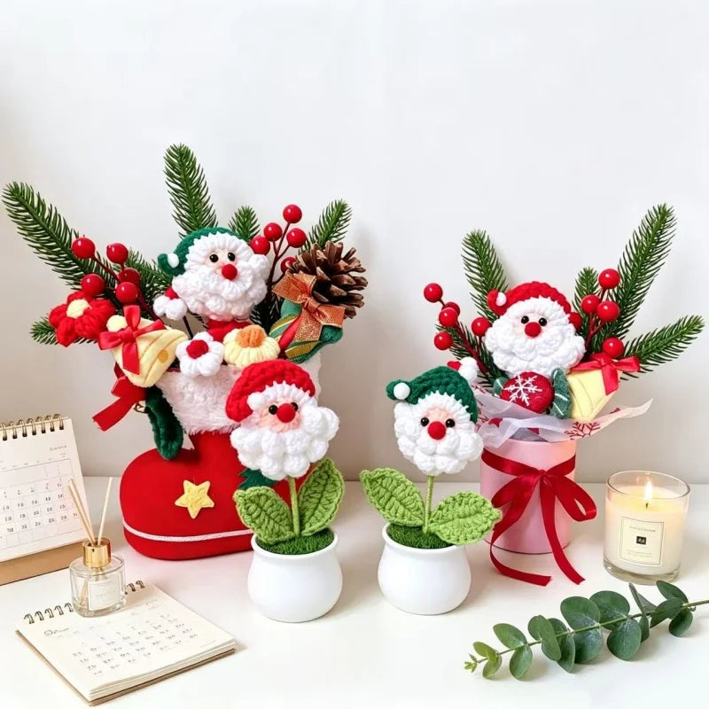Santa Claus Plush Doll With Crochet Flowers Creative Christmas Day Handmade Bouquets Home Table Decora Pefect Gifts For Friends