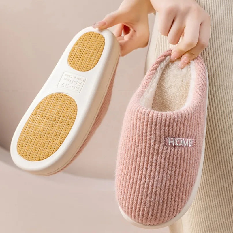 House Fuzzy Slipper Women Striped Winter Warm Fur Plush Non Slip Grip Indoor Lazy Soft Female Thermal Home Shoe Flat Male Men