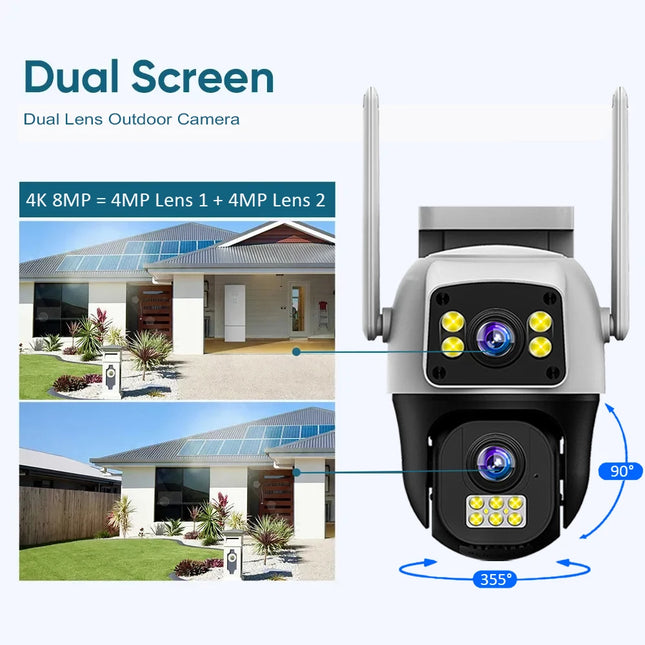 8MP 4G Sim Card Camera Dual Lens Dual Screen Wireless WiFi Outdoor Surveillance Human Detect Security Protection PTZ IP Cameras