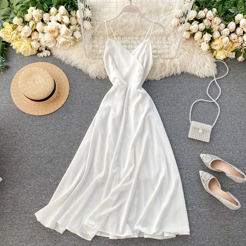 Women Sexy Beach Long Dress Summer V-neck Elegant White Evening Party Dressesladies Backless Bandage Satin Dress Vestidos