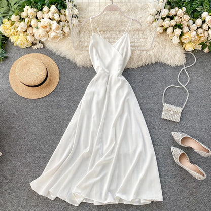 Women Sexy Beach Long Dress Summer V-neck Elegant White Evening Party Dressesladies Backless Bandage Satin Dress Vestidos