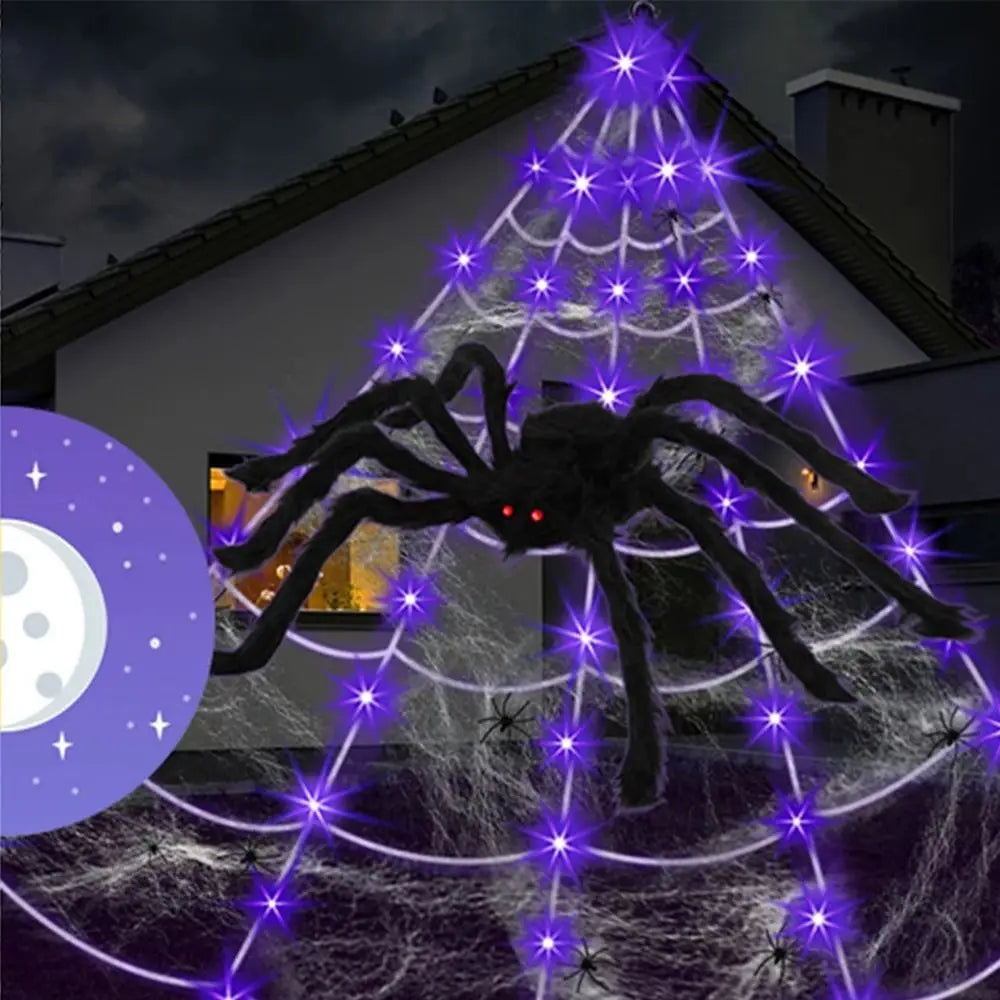 8 Modes Halloween Spider Web Lights Glow Waterproof LED Spider Net Triangle Hanging Scary Giant Spider Party