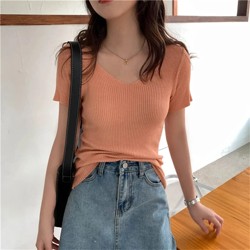 Basic V-neck Solid Thin Summer Pullover Women Female Knitted Ribbed Sweater Slim Short Sleeve Bodycon Sweater
