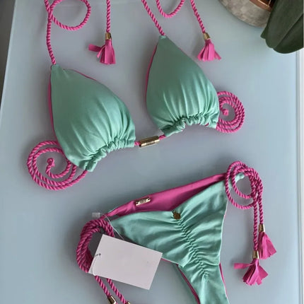 New Women Bikini Backless Rope Triangle Swimsuit Multicolor