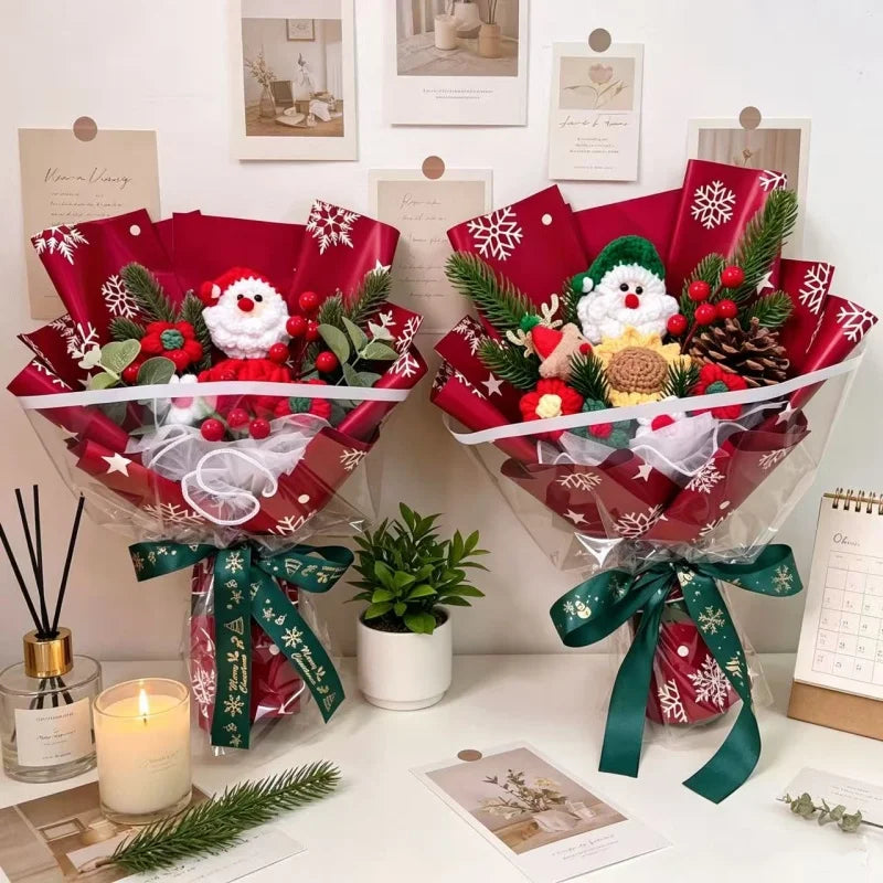 Santa Claus Plush Doll With Crochet Flowers Creative Christmas Day Handmade Bouquets Home Table Decora Pefect Gifts For Friends