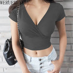 New Summer Black Sexy V-neck T-shirt Short Sleeve Y2k Crop Top Women Clothes Streetwear Korean Fashion Corset Tops Tshirts 2023