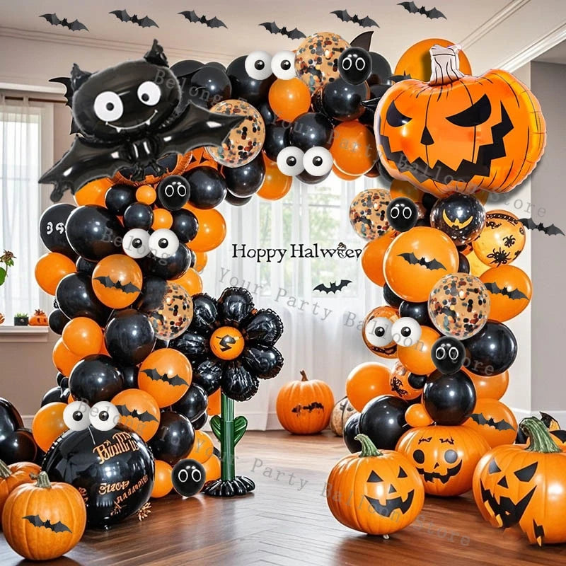 Halloween Pumpkin Balloons Garland Arch Kit Orange Black Balloon 3D Bat Sticker Eye Globos Birthday Party Halloween Decorations