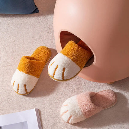 Shevalues Indoor Warm Plush Slippers For Women Men Cute Cat Paw Design House Fur Slippers Mute Flats Slides Indoor Fluffy Shoes