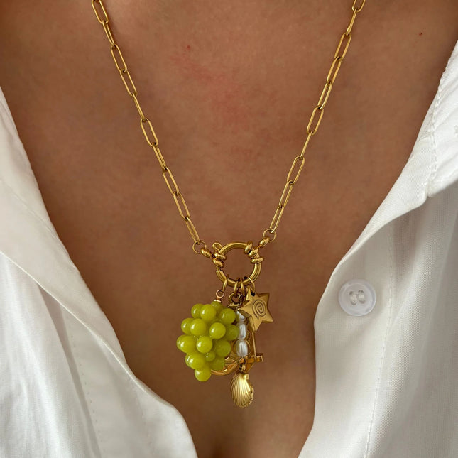 Peri'sbox Statement Trendy Imitation Pearl Grape Blueberry Shell Pendant Necklace for Women Stainless Steel Creative Accessories