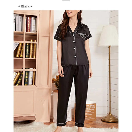 Women's Pajama Pocket Heart Embroidered Pajama Set Satin Comfortable Short Sleeve Button Pajama Lounge Pant For Women Sleepwear