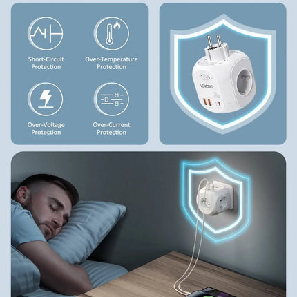 LENCENT EU Plug Wall Socket Extender with 4 AC +QC3.0USBX2 +1 Type C PD20W Fast Charger Adapter 7-in-1 Socket On/Off Switch