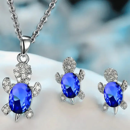 3pcs Silver-plated Necklace Earrings Set Ladies Light Luxury Fashion Style Turtle Shape With Multi Color Glass Diamond