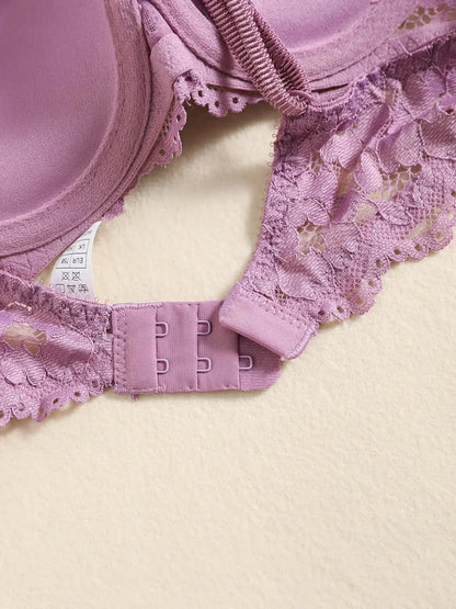 1 Set Elegant Erotic Lace Embroidery Breathable Fabric Lingeries : Push-Up Bra, Low Waist Sheer Panty - Ultimate Valentine's Day