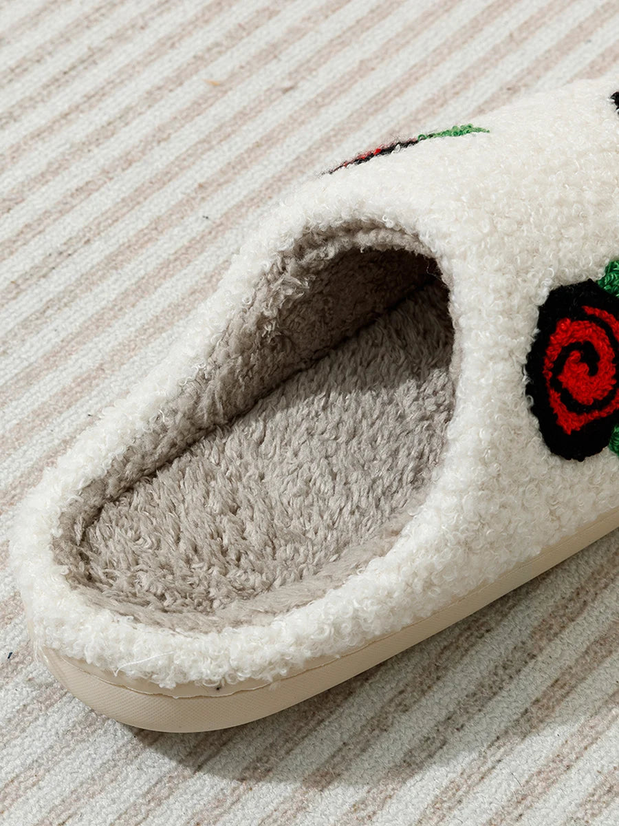 Women's Slippers Valentine's Day Rose Embroidery Fuzzy Romantic Love Comfy Flat Girl Valentine Gift Winter Home Shoes