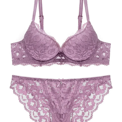 1 Set Elegant Erotic Lace Embroidery Breathable Fabric Lingeries : Push-Up Bra, Low Waist Sheer Panty - Ultimate Valentine's Day