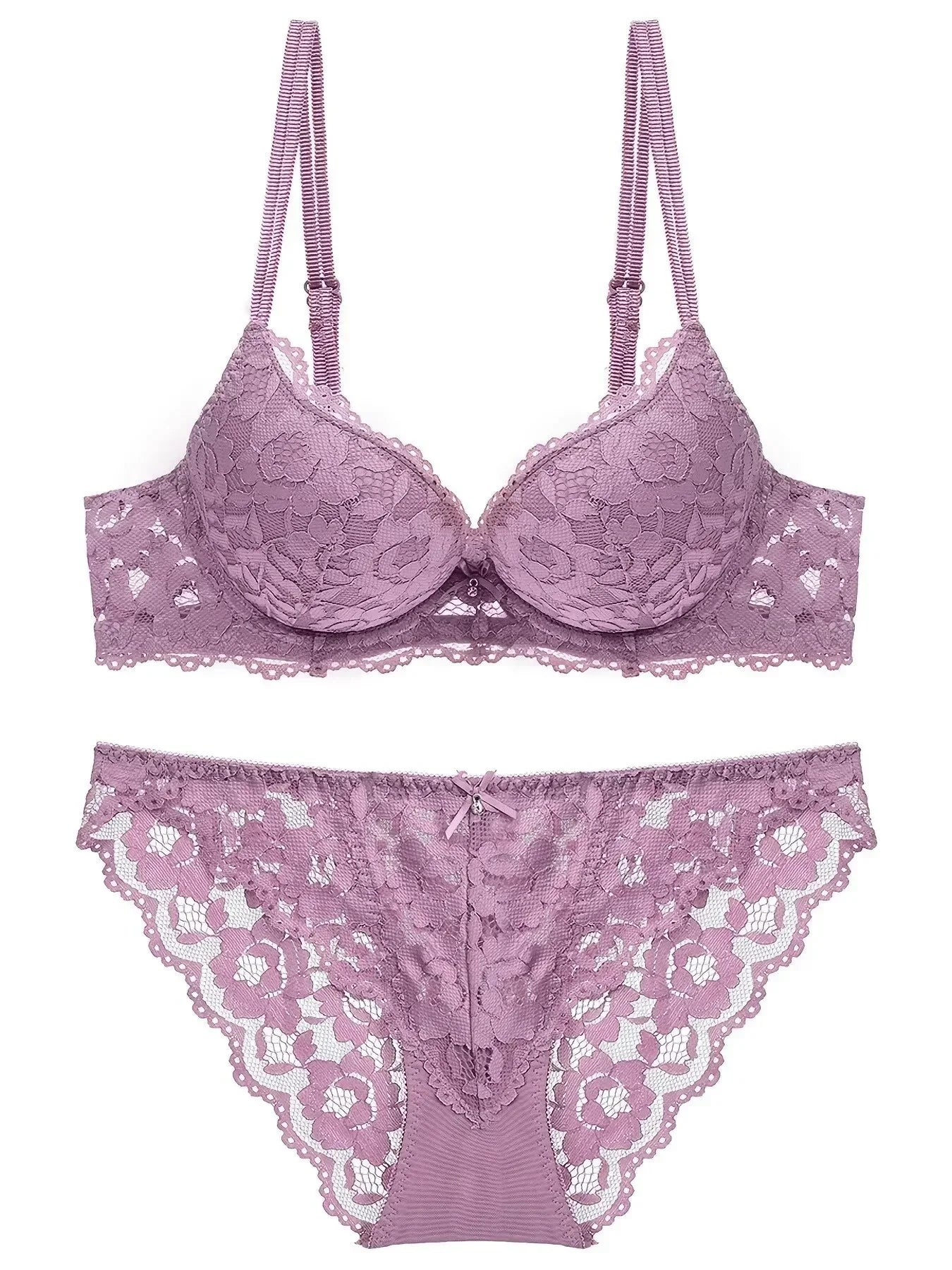 1 Set Elegant Erotic Lace Embroidery Breathable Fabric Lingeries : Push-Up Bra, Low Waist Sheer Panty - Ultimate Valentine's Day