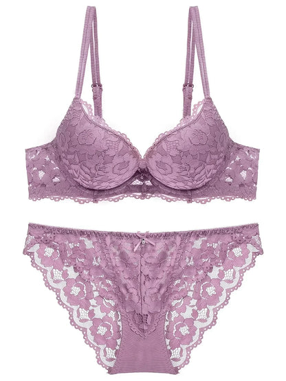 1 Set Elegant Erotic Lace Embroidery Breathable Fabric Lingeries : Push-Up Bra, Low Waist Sheer Panty - Ultimate Valentine's Day
