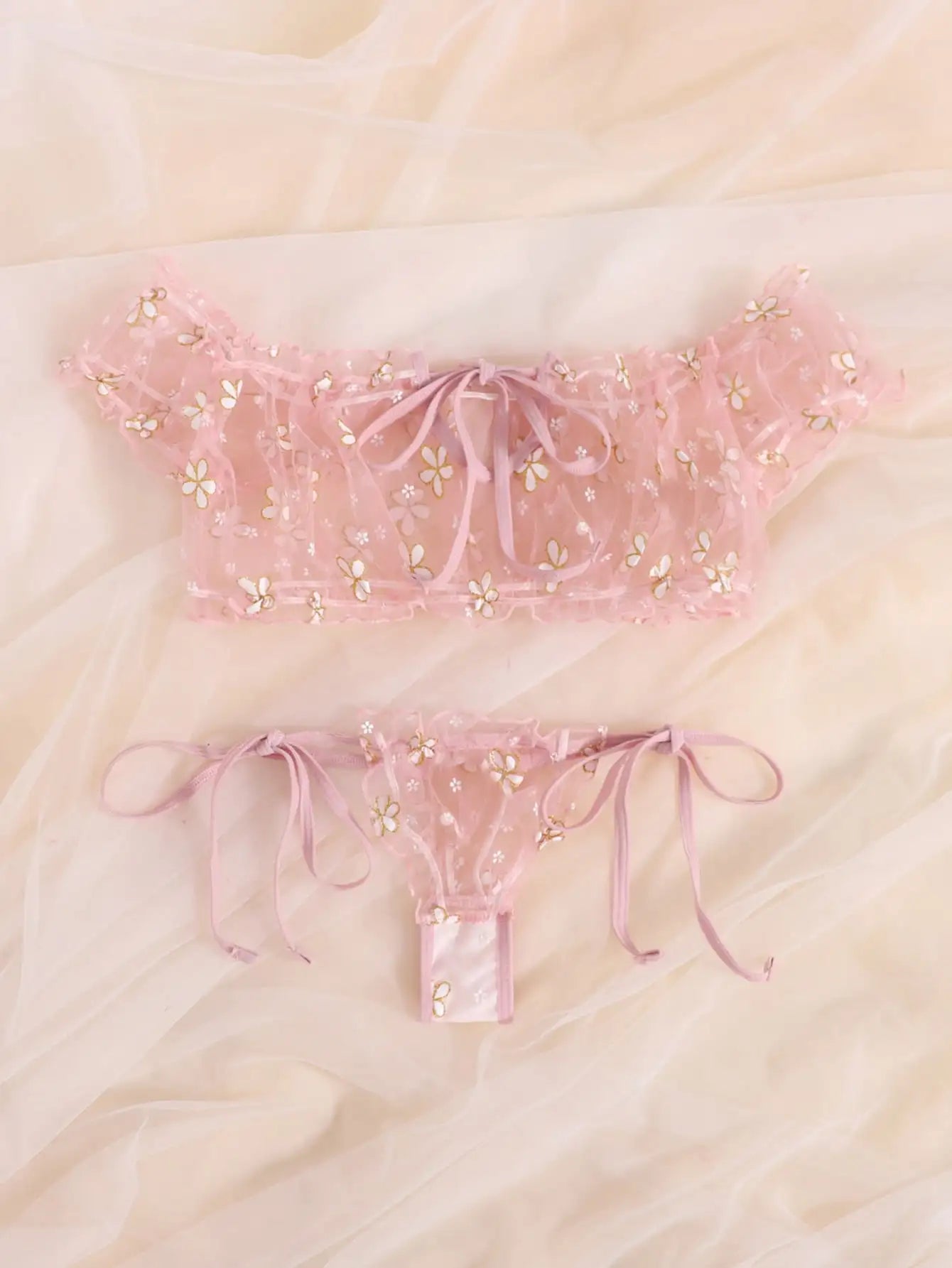 Sexy Fancy Lingerie Set 2 Pieces Transparent Halter Off Shoulder Women's Underwear Beautiful Daisy Print Bra And Panty Sets
