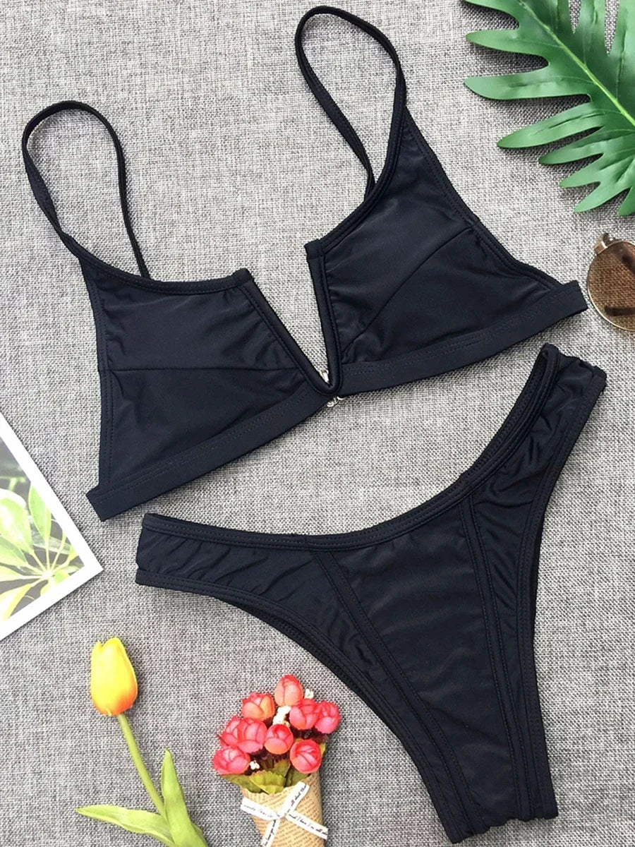 Splicing Denim V Shaped Thong Bikini Women Swimsuit Female Swimwear Two Pieces Bikini Set Bather Push Up Bathing Suit Swim Lady